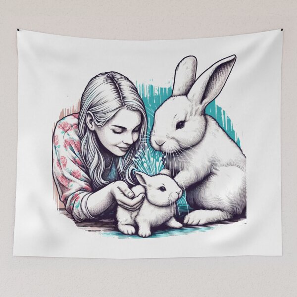 Item preview, A white rabbit mom and dad are showering love on their baby bunny in front:  Watercolor designed and sold by PaintMeWorld.