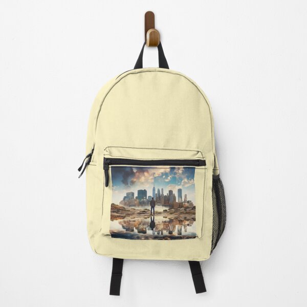 Item preview, Man reflected in lake and rock landscape against modern urban background designed and sold by cristina1001.