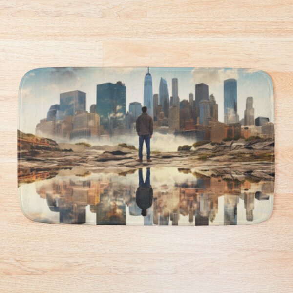 Item preview, Man reflected in lake and rock landscape against modern urban background designed and sold by cristina1001.