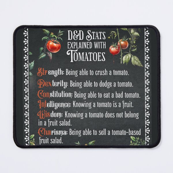Item preview, D&D Stats explained with tomatoes: str, dex, con. Funny Cooking dnd gift for chef or cook designed and sold by DungeonAtelier.