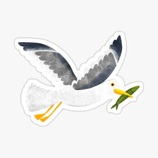 Seagull with a little fish - Cute coastal bird by Cecca Designs Sticker