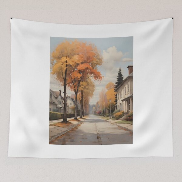 Item preview, The street in a suburb in autumn, vintage oil painting designed and sold by CreativeSparkzz.