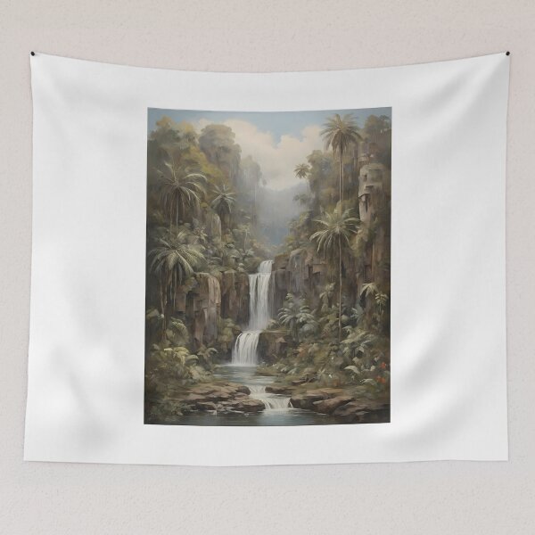 Item preview, A beautiful waterfall in the rainforest, vintage oil painting designed and sold by CreativeSparkzz.