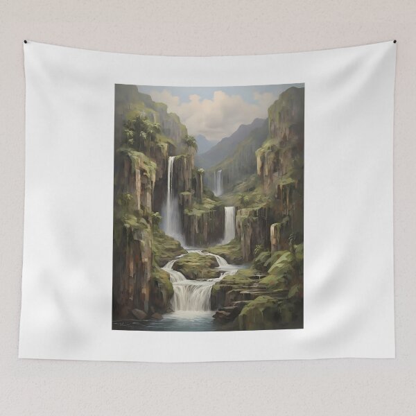 Item preview, A beautiful waterfall in the rainforest, vintage oil painting designed and sold by CreativeSparkzz.