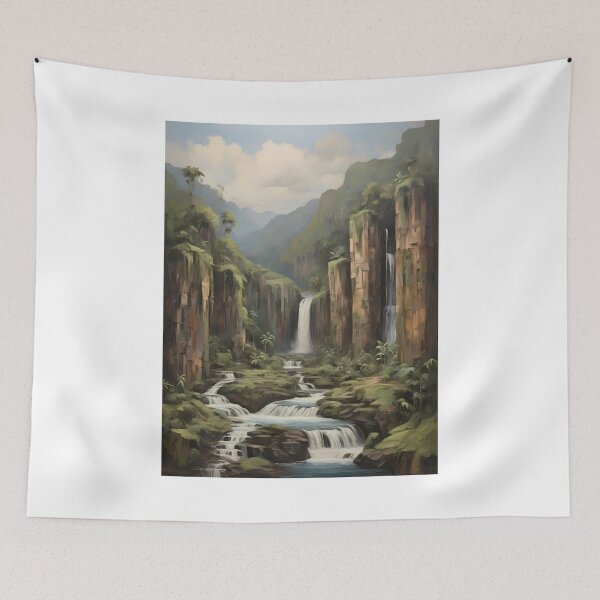 Item preview, A beautiful waterfall in the rainforest, vintage oil painting designed and sold by CreativeSparkzz.