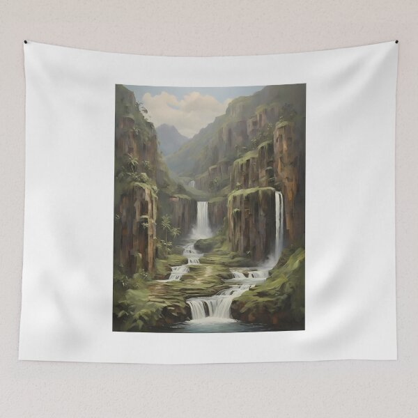 Item preview, A beautiful waterfall in the rainforest, vintage oil painting designed and sold by CreativeSparkzz.