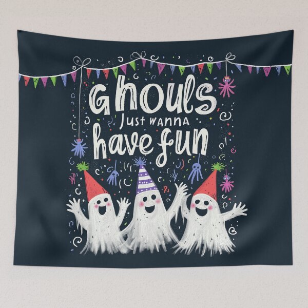 Aperçu de l'œuvre Les goules veulent juste s'amuser, Fantômes de fête, Goules de fête, Halloween drôle créée et vendue par PrintShangri-La.