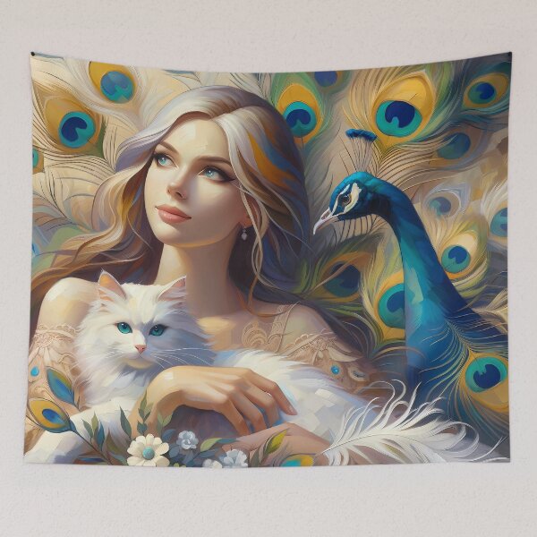 Item preview, Elegance Unveiled: The Lady, Her Cat, and the Peacock's Mystery designed and sold by DeenaDee.