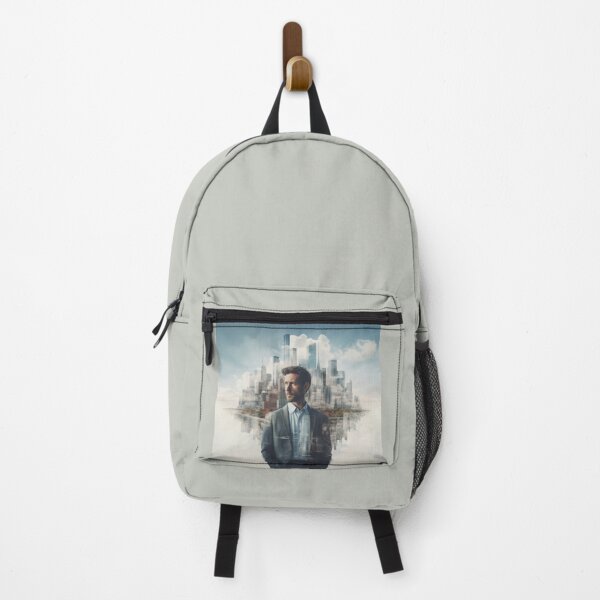 Item preview, Man front view against a background of skyscrapers and white mirror-effect clouds designed and sold by cristina1001.