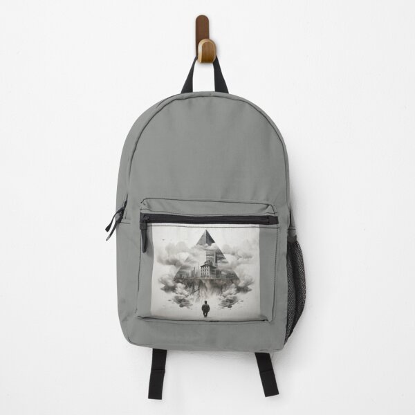 Item preview, Man from behind facing urbanized pyramid between roots and white clouds designed and sold by cristina1001.