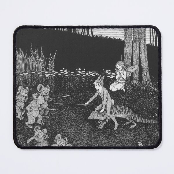 Item preview, Bunny Boy on Iguana Charges on the Koala Bears fairy fantasy vintage drawing by Outhwaite designed and sold by ElegantTeaTime.