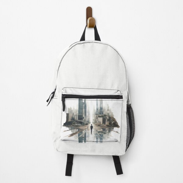 Item preview, Man from behind walking towards mirrored ghost skyscrapers designed and sold by cristina1001.