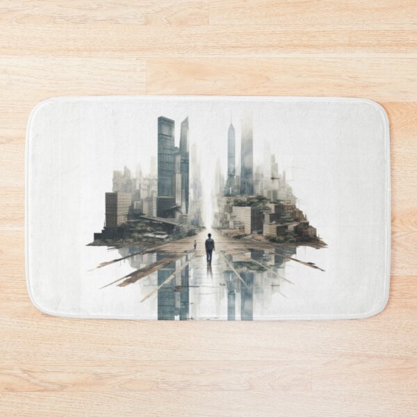 Item preview, Man from behind walking towards mirrored ghost skyscrapers designed and sold by cristina1001.