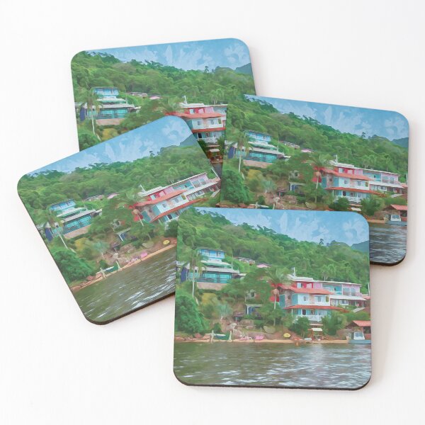 Item preview, Colorful houses on a hill overlooking a lagoon in watercolor designed and sold by Intermundium.