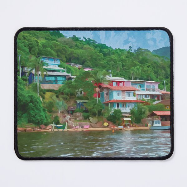 Item preview, Colorful houses on a hill overlooking a lagoon in watercolor designed and sold by Intermundium.
