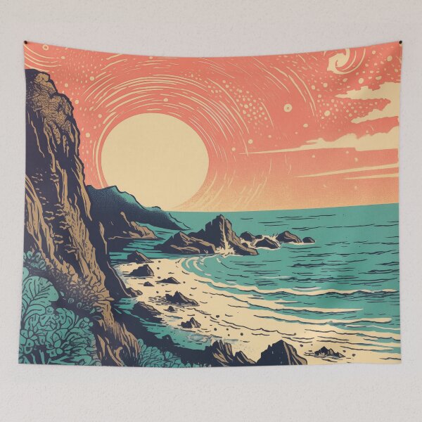 Aperçu de l'œuvre Imprimé riso du littoral sauvage PNW en orange et sarcelle créée et vendue par Tara Neal.