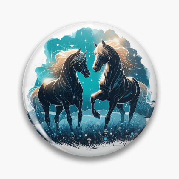 Item preview, "Two horses shining in black light, striking an elegant pose in the azure meadow.".  Watercolor designed and sold by PaintMeWorld.
