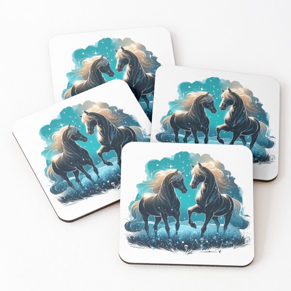 Item preview, "Two horses shining in black light, striking an elegant pose in the azure meadow.".  Watercolor designed and sold by PaintMeWorld.