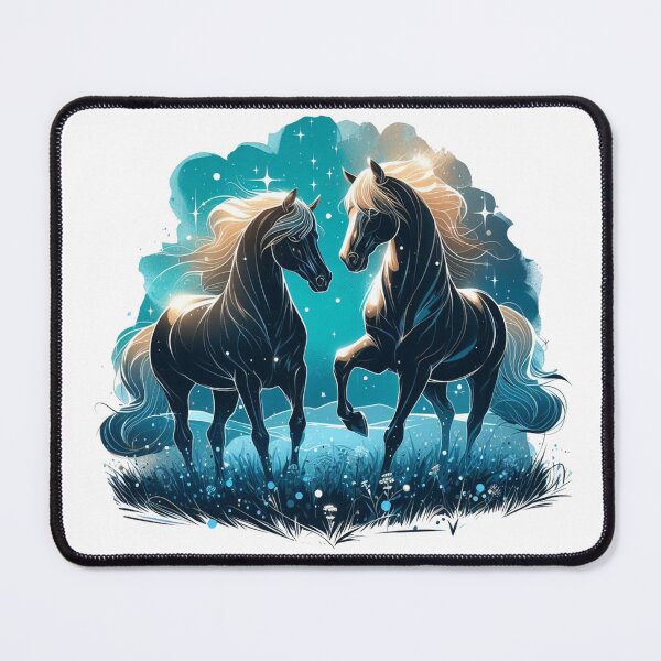Item preview, "Two horses shining in black light, striking an elegant pose in the azure meadow.".  Watercolor designed and sold by PaintMeWorld.