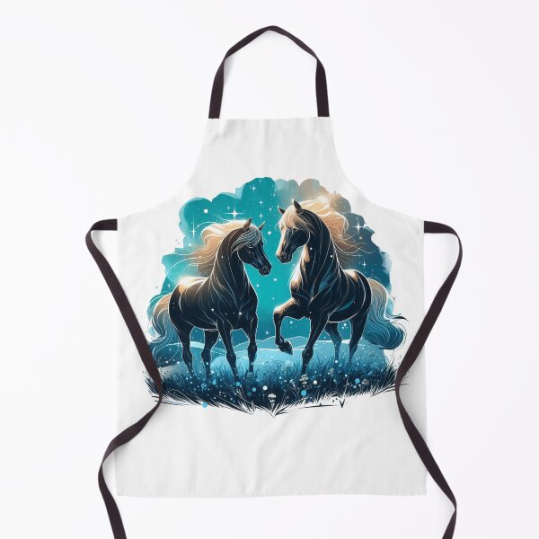 Item preview, "Two horses shining in black light, striking an elegant pose in the azure meadow.". Watercolor designed and sold by PaintMeWorld.