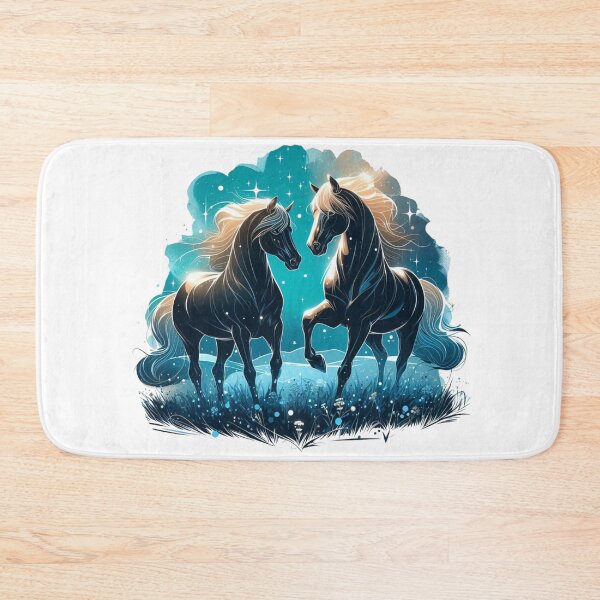 Item preview, "Two horses shining in black light, striking an elegant pose in the azure meadow.".  Watercolor designed and sold by PaintMeWorld.