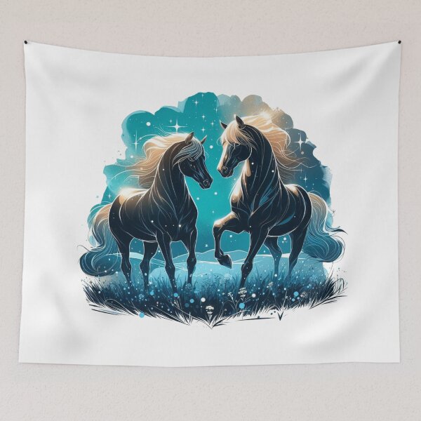 Item preview, "Two horses shining in black light, striking an elegant pose in the azure meadow.".  Watercolor designed and sold by PaintMeWorld.