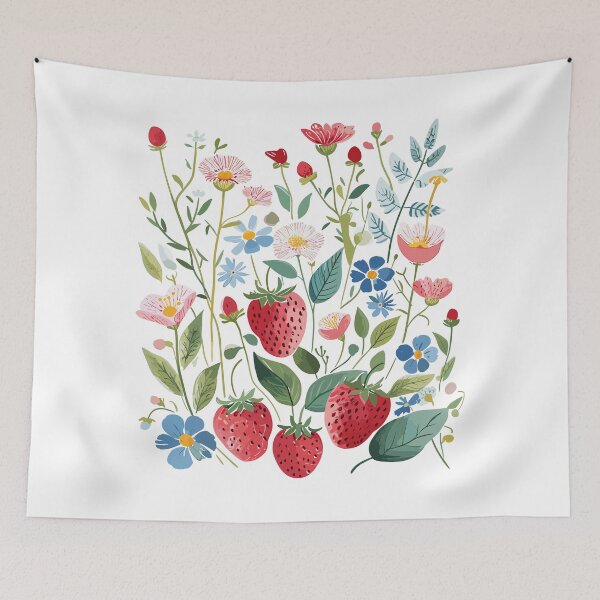 Aperçu de l'œuvre Fraises mignonnes parmi de belles fleurs sauvages créée et vendue par CosyTeal.