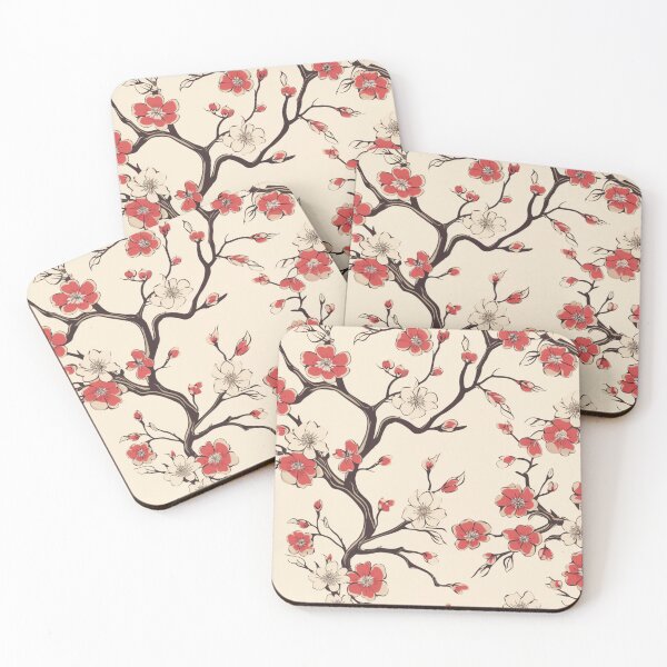 Item preview, Red Beige Oriental Cherry Blossoms on Beige and Chinese Wedding Double Happiness | Japanese Sakura designed and sold by GrinGalore.