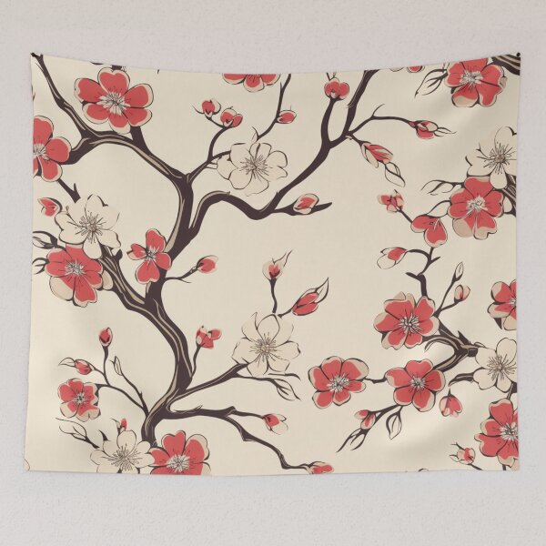 Item preview, Red Beige Oriental Cherry Blossoms on Beige and Chinese Wedding Double Happiness | Japanese Sakura designed and sold by GrinGalore.