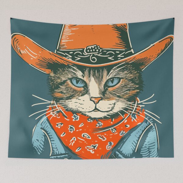 Item preview, Meowdy Pawtner - Cat in a Cowboy Hat Illustration, Retro Vintage designed and sold by PrintShangri-La.