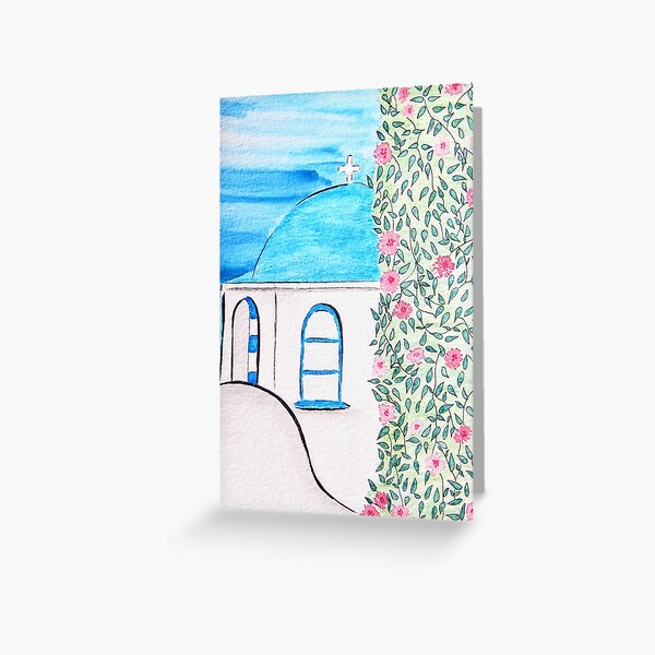 Artikel-Vorschau von Blaue Kuppelkirche auf der griechischen Insel | Minimalistisches Aquarell von Santorini, designt und verkauft von AngelaMarieArt.