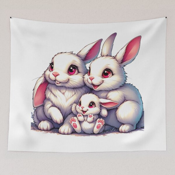 Item preview, In a delightful scene, the white rabbit family is joyfully playing, their red eyes gleaming with adorable smiles..  Watercolor designed and sold by PaintMeWorld.
