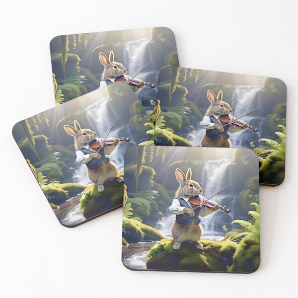Item preview, Violin-Playing Brown Rabbit in Beautiful Rainforest Framed by Waterfall designed and sold by TheCurators.
