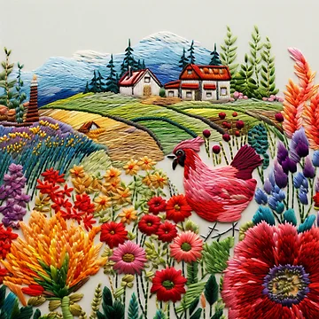 Artwork thumbnail, Countryside In Embroidery Print by NDMDesignStudio