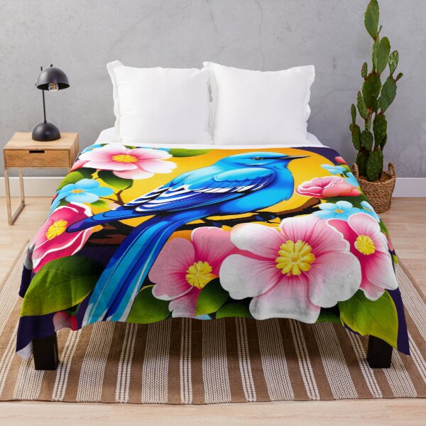 Item preview, Cute Blue Bird Surrounded by Bold Vibrant Spring Flowers designed and sold by BirdsnStuff.