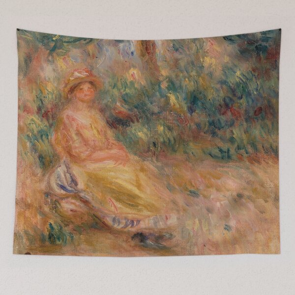 Item preview, Renoir, Romantic Artwork, Impressionist Painting,Woman in Pink and Yellow in a Landscape designed and sold by Shon Dailey.