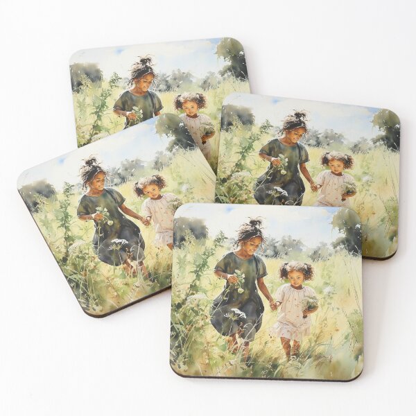Item preview, Grassland Giggles - Two Black Girls Playing In A Grassy Field - Black Art - Watercolor Art designed and sold by CastleBySea.