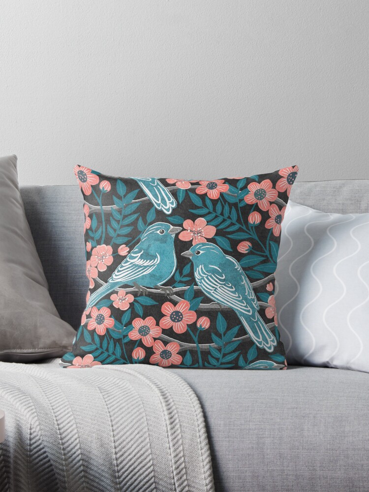 Birds in Teal Blue and Coral Pink with Grunge Texture