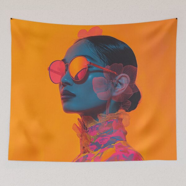Item preview, Neon Orange Woman Portrait | Pink Sunglasses Bold Art Print designed and sold by VUK VESOVIC.