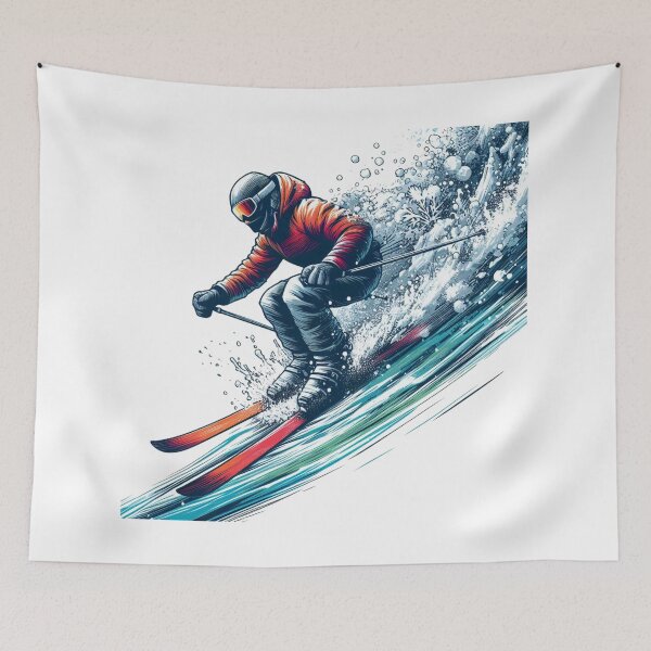 Item preview,  "A skier energetically descending a snow-covered steep slope"..  Watercolor designed and sold by PaintMeWorld.