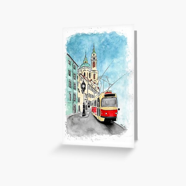 Item preview, Tram In Prague City Watercolor Painting designed and sold by Cjartgallery.