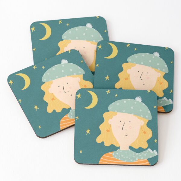 Item preview, Winter girl with hat and scarf on a starry night. designed and sold by abi bryan design.