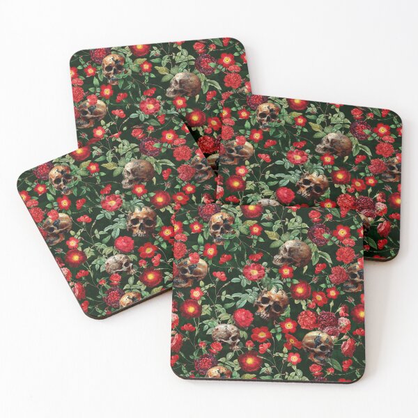 Item preview,  Mystic Nostalgic Moody Night Florals- Red Roses And Gothic Skull Pattern dark green Nightgarden designed and sold by UtArt.