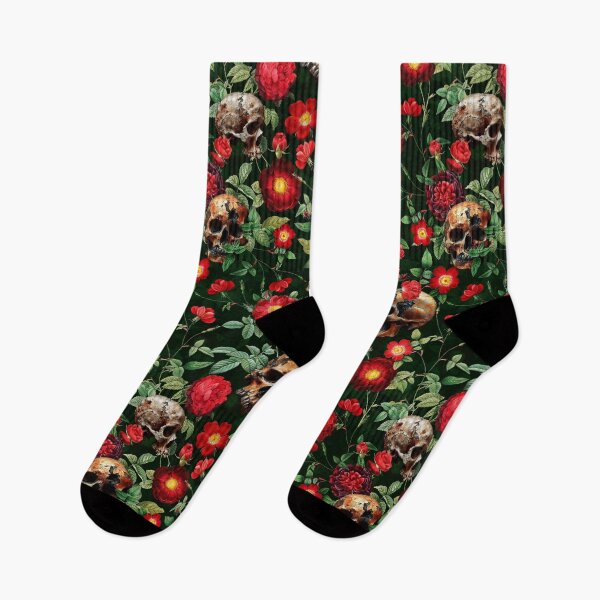 Item preview,  Mystic Nostalgic Moody Night Florals- Red Roses And Gothic Skull Pattern dark green Nightgarden designed and sold by UtArt.