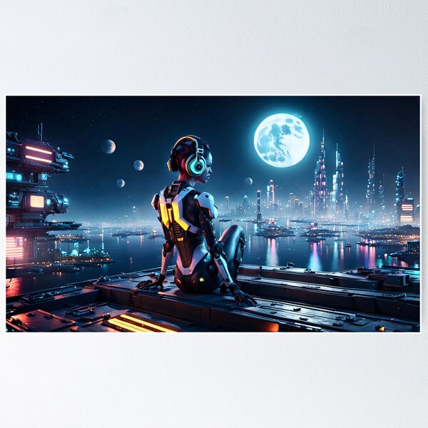 Item preview, Cyberpunk Cyborg Girl on the roof at night designed and sold by Salimgor Hangaround Music.