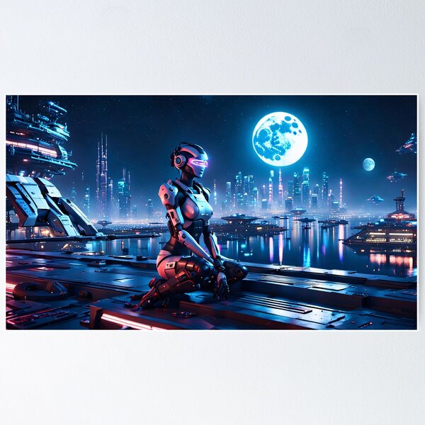 Item preview, Cyberpunk Cyborg Girl kneeling with neon glasses designed and sold by Salimgor Hangaround Music.
