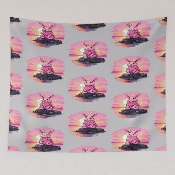 Item preview, fluffy pink bunny watching sunset on a rock  designed and sold by dimaxstore.