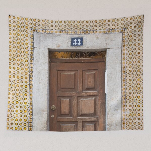 Item preview, The brown door with yellow azulejos nr. 33 art print - Vintage doors in Alfama, Lisbon, Portugal - travel photography designed and sold by Christa Stroo Photography.
