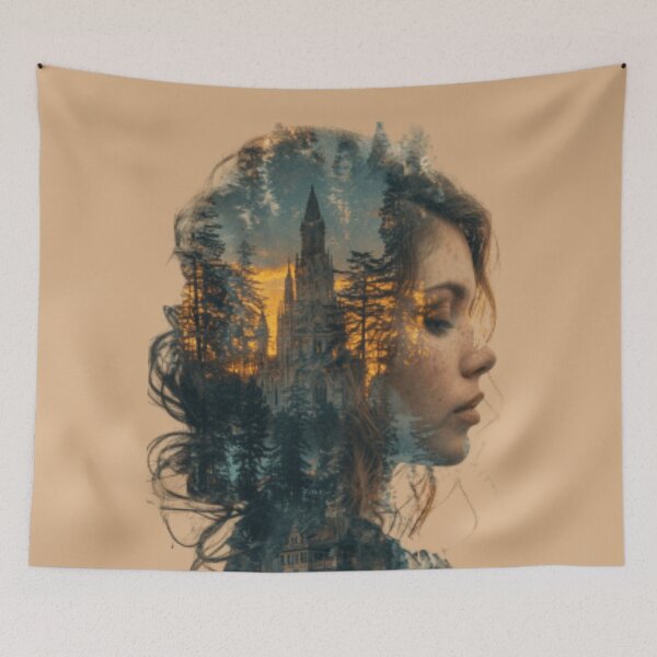 Item preview, Female profile face containing autumnal forest and monument with sunset designed and sold by cristina1001.