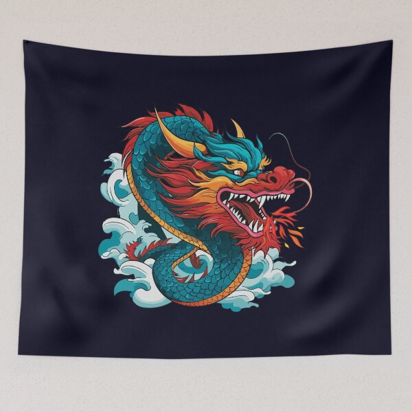Item preview,  Vibrant Red  and Blue dragon -Year of the Dragon- chinese Zodiac Theme-navy blue Background designed and sold by CosmicNook1.